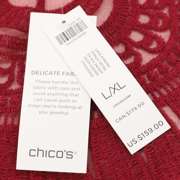 NWT CHICO'S Lace Kimono Sheer Mesh Fringe Detail in Deep Cherry Red Size L/XL - Picture 9 of 10
